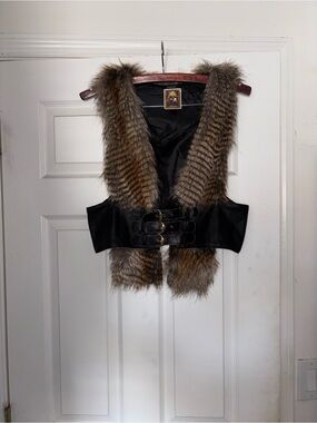 Faux Fur Trim Black Belted Vest - Brown Fur never seen worn